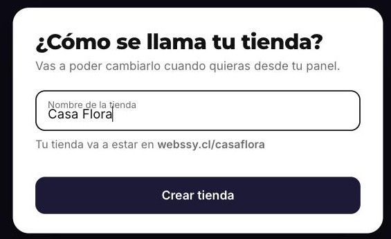 Pantalla para elegir el nombre de tu tienda en Webssy